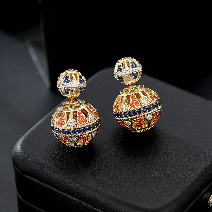 Retro Geometric Copper Inlay Zircon Ear Studs 1 Pair