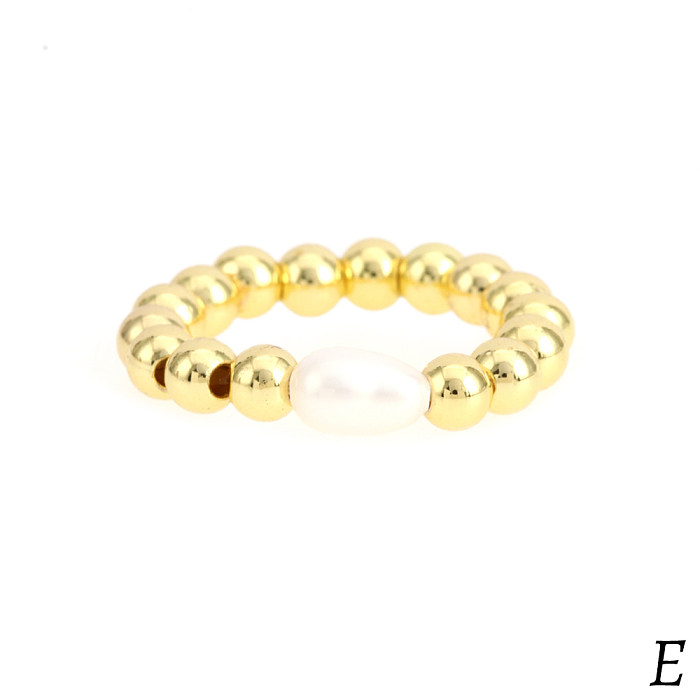 Estilo IG estilo simples redondo pérola de água doce cobre frisado artesanal chapeamento anéis banhados a ouro 18K