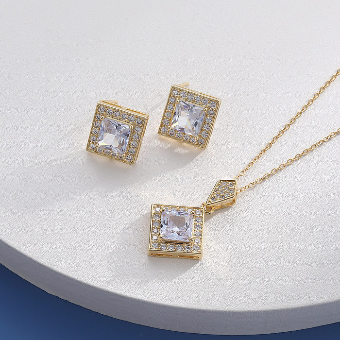 Retro Square Copper Plating Inlay Zircon Earrings Necklace