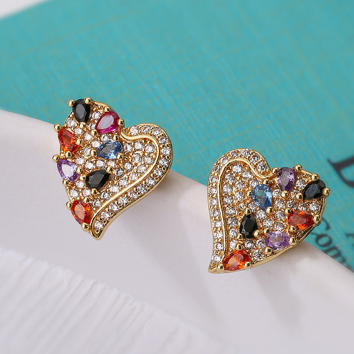 1 Pair Simple Style Commute Round Heart Shape Plating Inlay Copper Zircon 18K Gold Plated Ear Studs