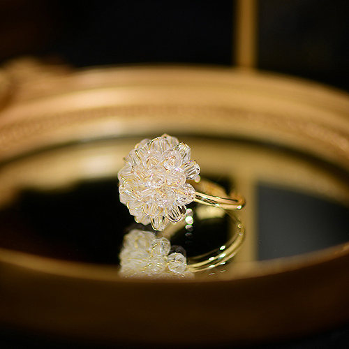 Glam Retro Flower Copper Crystal 14K Gold Plated Open Rings