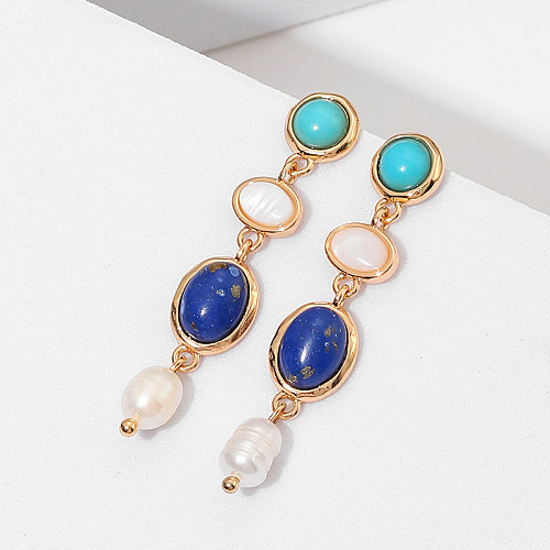 1 Pair Retro Streetwear Oval Copper Plating Inlay Artificial Pearls Turquoise Gold Plated Drop Earrings