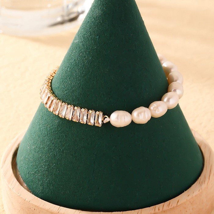 Bracelets en Zircon avec incrustation de cuivre et perles d'eau douce en acier inoxydable, carrés et ovales, doux et brillants, Bracelets à cordon
