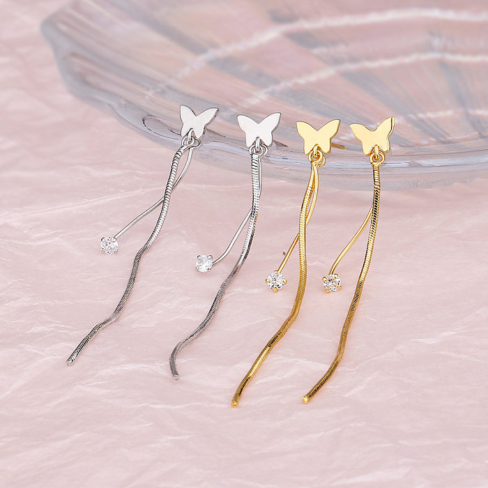 1 Piece IG Style Tassel Butterfly Inlay Copper Zircon Drop Earrings