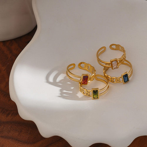 Modischer, rechteckiger, gedrehter offener Ring aus Edelstahl mit vergoldetem Zirkon, 1 Stück