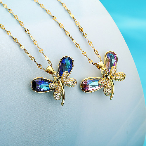 Elegant Dragonfly Stainless Steel Copper Plating Inlay Zircon 18K Gold Plated Pendant Necklace