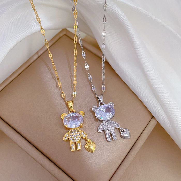 Cartoon Style Cute Bear Heart Shape Titanium Steel Brass Zircon Pendant Necklace In Bulk