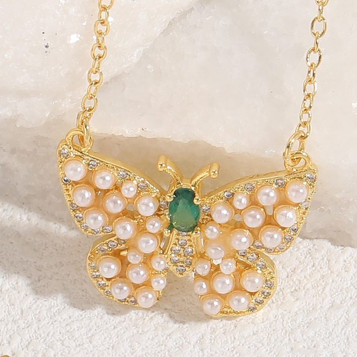 INS Style Butterfly Copper Plating Inlay Freshwater Pearl Zircon 14K Gold Plated Pendant Necklace