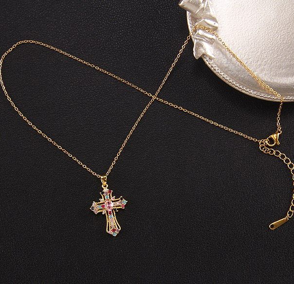 Retro Cross Copper Inlay Zircon Pendant Necklace