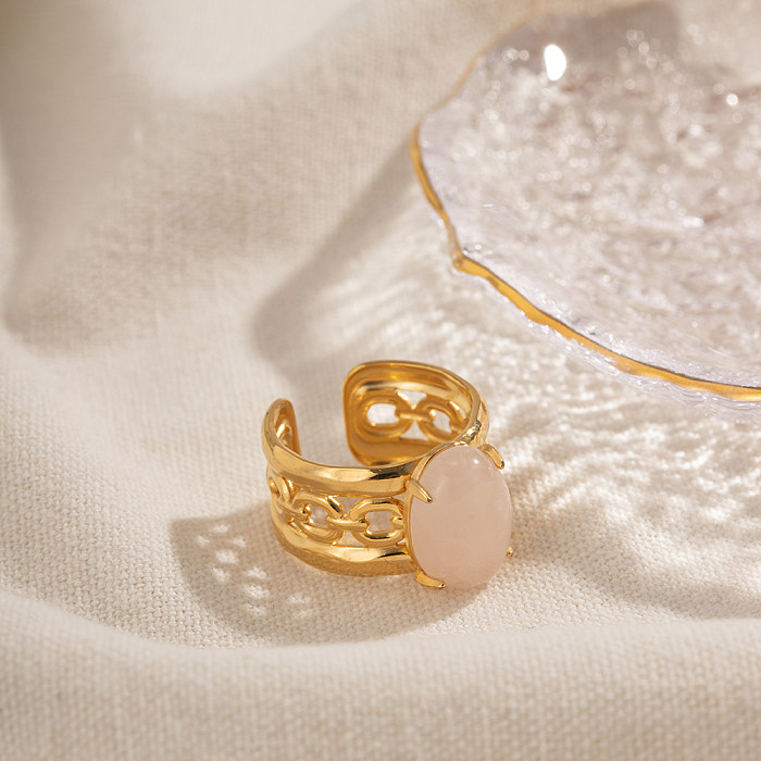 IG estilo casual oval chapeamento de aço inoxidável oco incrustação de cristal 18K anéis abertos banhados a ouro