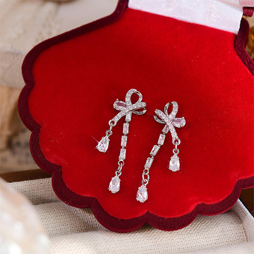 1 Pair Sweet Simple Style Water Droplets Bow Knot Plating Inlay Copper Zircon White Gold Plated Drop Earrings