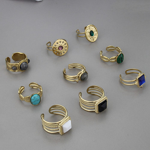 Geometrischer offener Ring aus Edelstahl im einfachen Stil mit eingelegten Naturstein-Türkis-Edelstahlringen
