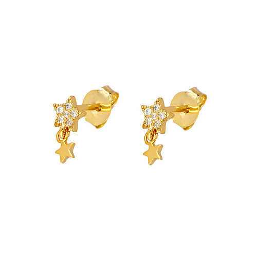 1 paire de boucles d'oreilles en Zircon, Style INS Simple, étoile, lune, placage de cuivre, incrustation