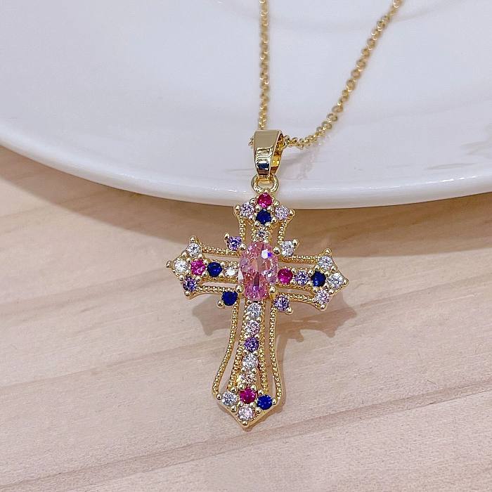 Simple Style Cross Copper Inlay Zircon Pendant Necklace