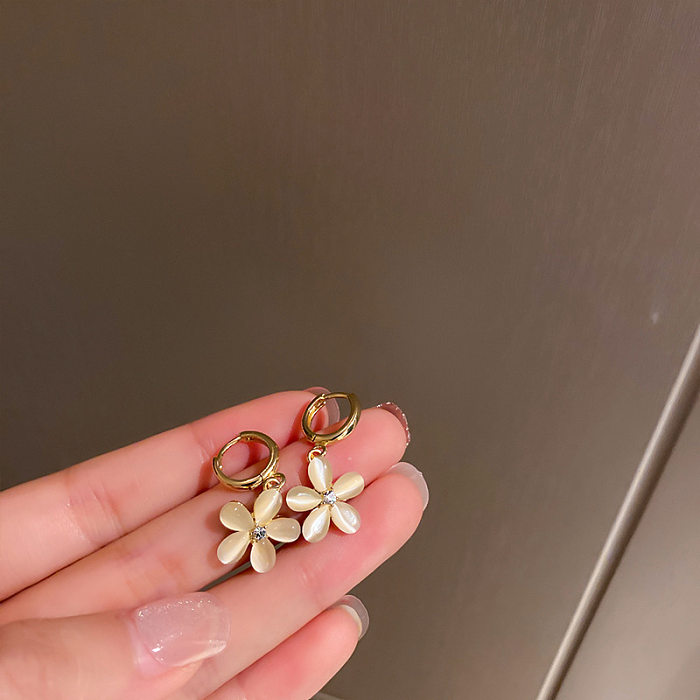 1 Pair Sweet Flower Copper Inlay Rhinestones Opal Drop Earrings