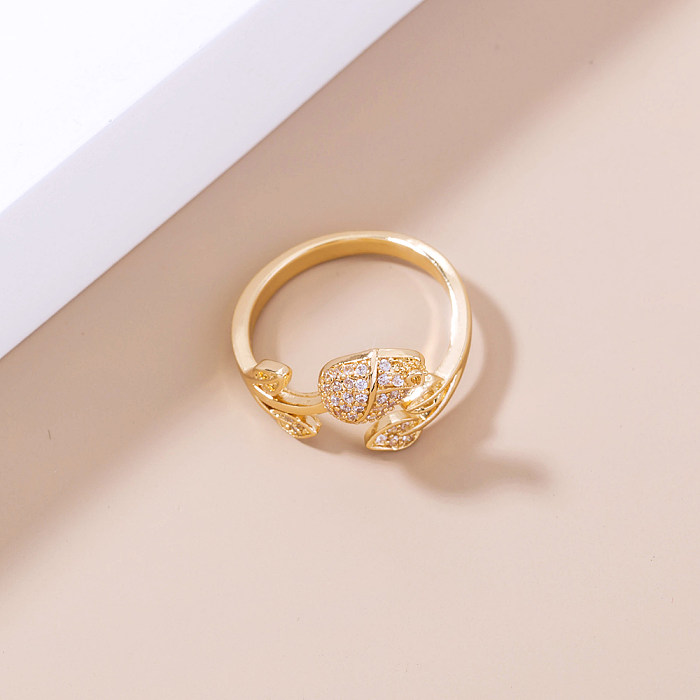 1 Stück modischer offener Ring mit Rosen-Blumen-Kupfer-Inlay und Zirkon
