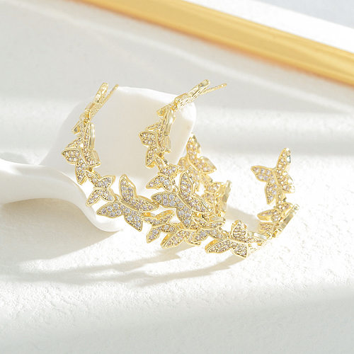 Luxurious Butterfly Copper Hoop Earrings Gold Plated Zircon Copper Earrings 1 Pair