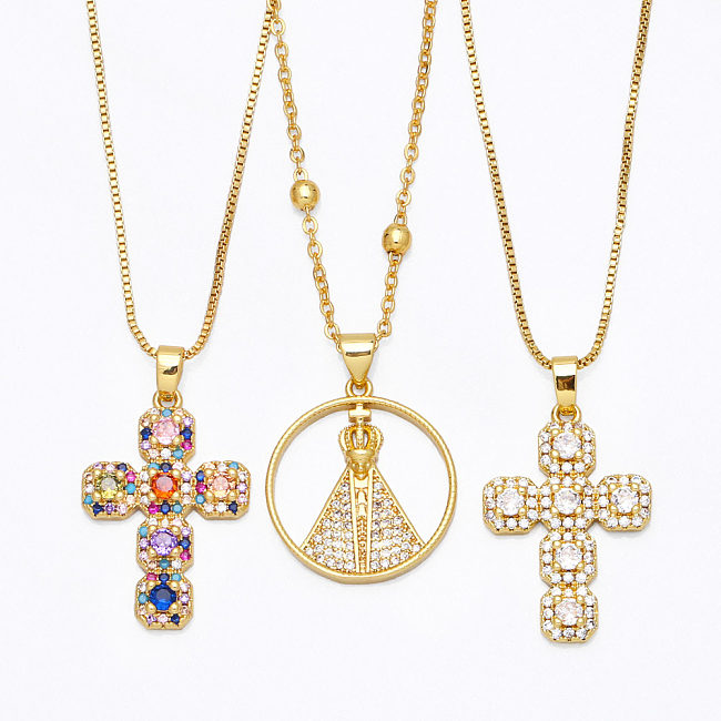 Fashion Copper Inlaid Colored Zircon Cross Pendant Necklace Jewelry