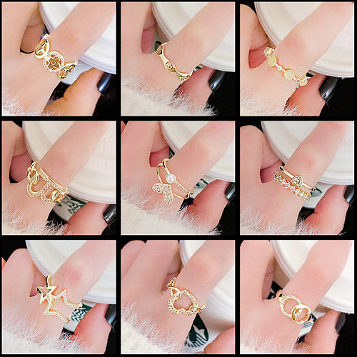 Fashion Heart Shape Flower Bow Knot Copper Inlay Artificial Pearls Zircon Open Ring 1 Piece
