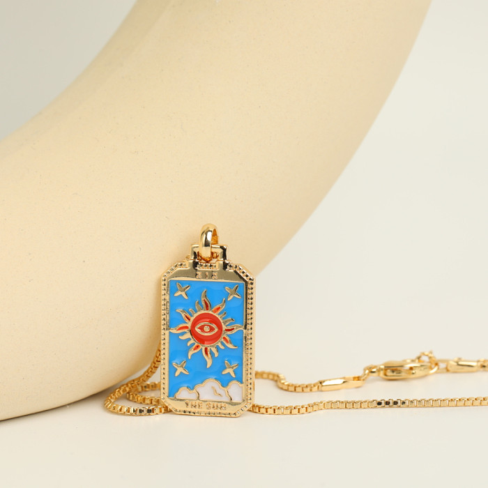 Retro Tarot Colorful Oil Dripping Necklace Square Gold-Plated Copper Necklace Wholesale