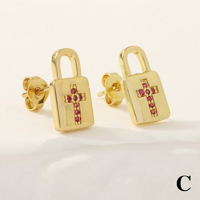 1 par de pentagrama brilhante cruz forma de coração chapeamento incrustação de cobre zircão brincos banhados a ouro 18K