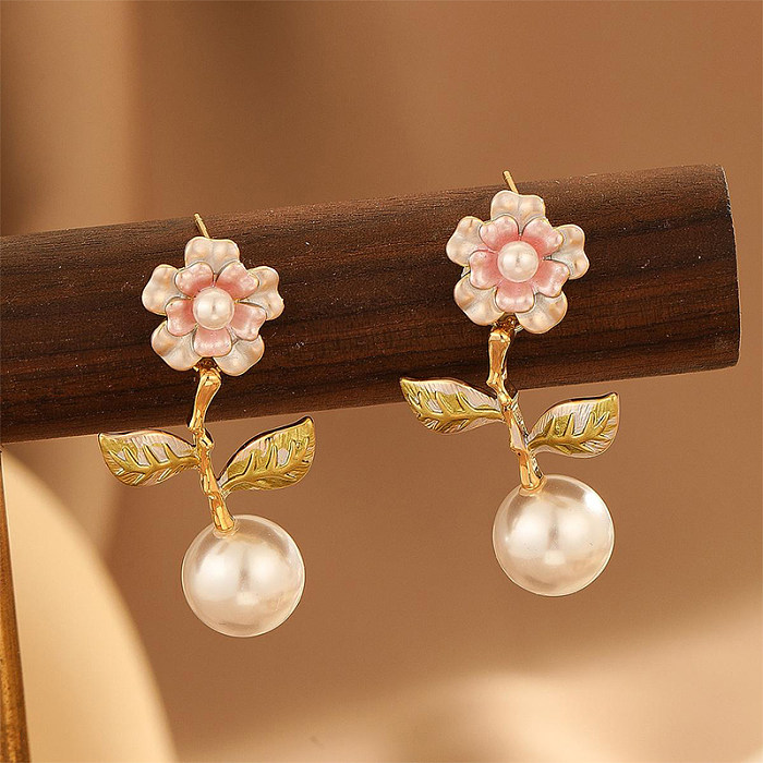 1 Pair Sweet Commute Plant Flower Plating Freshwater Pearl Copper 18K Gold Plated Drop Earrings