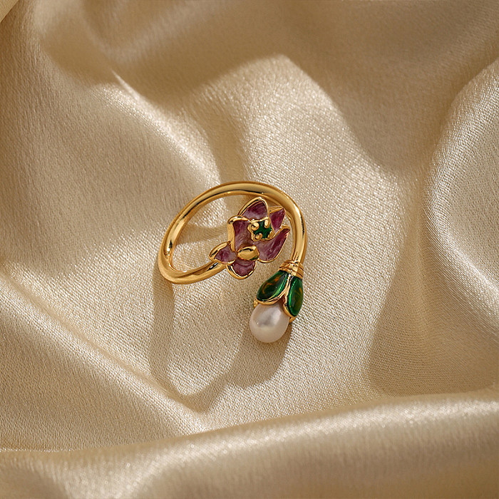 Elegante retro flor chapeamento de cobre embutimento pérola 18K anéis abertos banhados a ouro