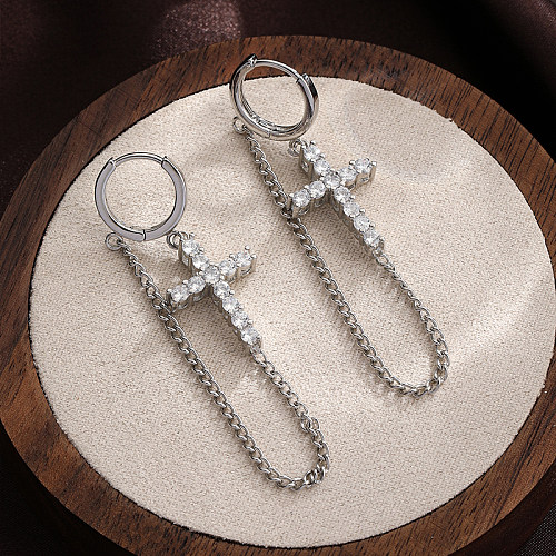 1 Pair Simple Style Cross Plating Chain Inlay Copper Zircon Silver Plated Drop Earrings
