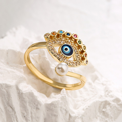 Anillo abierto de circón con perlas artificiales, chapado en oro, cobre, ojo del diablo, moda