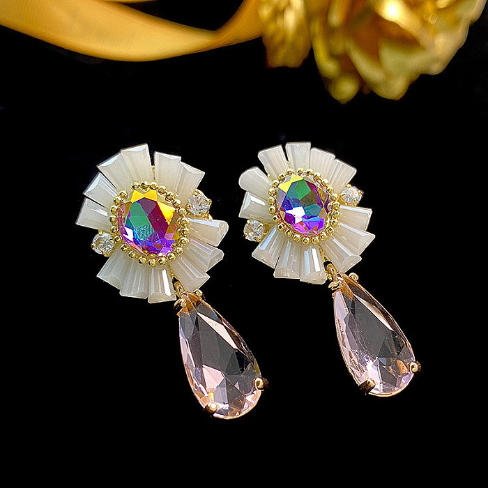 1 Pair Vintage Style Flower Inlay Copper Crystal Zircon Drop Earrings