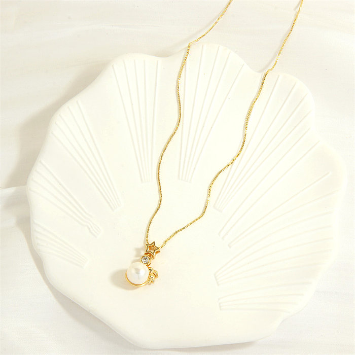 Elegant Simple Style Irregular Pentagram Rabbit Copper 18K Gold Plated Freshwater Pearl Zircon Pendant Necklace In Bulk