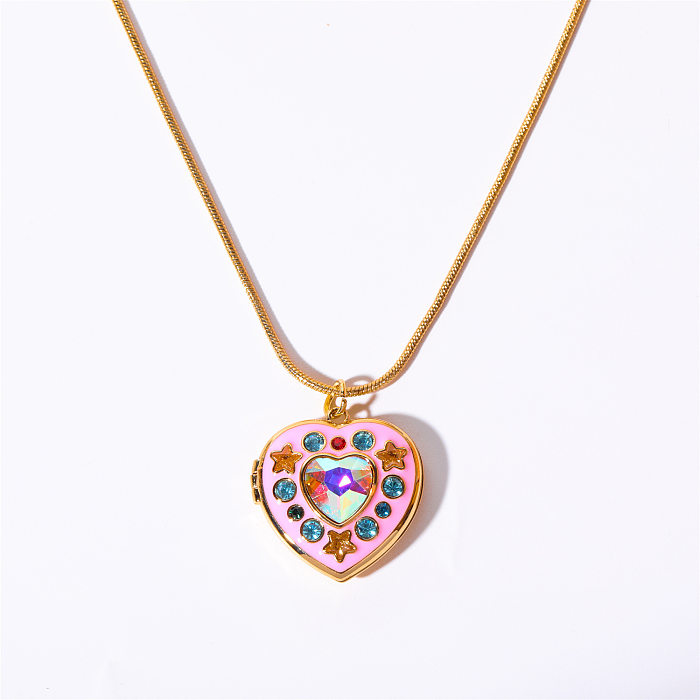 Cute Heart Shape Copper Plating Inlay Zircon 18K Gold Plated Pendant Necklace