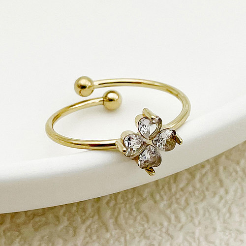 Atacado casual elegante estilo simples formato de coração incrustação de aço inoxidável banhado a ouro zircão anéis abertos