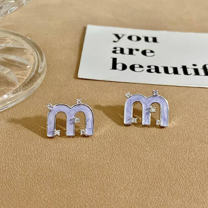 1 Pair Casual Simple Style Letter Drip Glazed Plating Inlay Copper Zircon Ear Studs