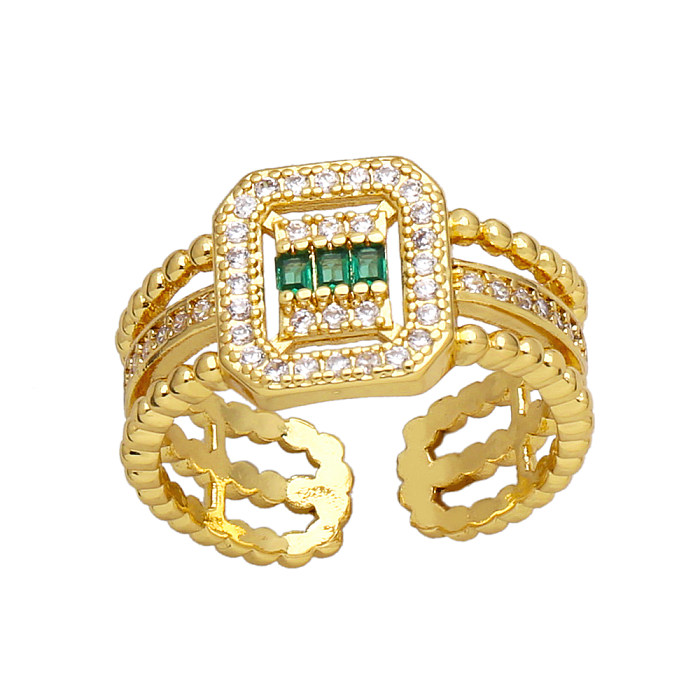 Retro Square Copper Plating Inlay Zircon 18K Gold Plated Open Ring