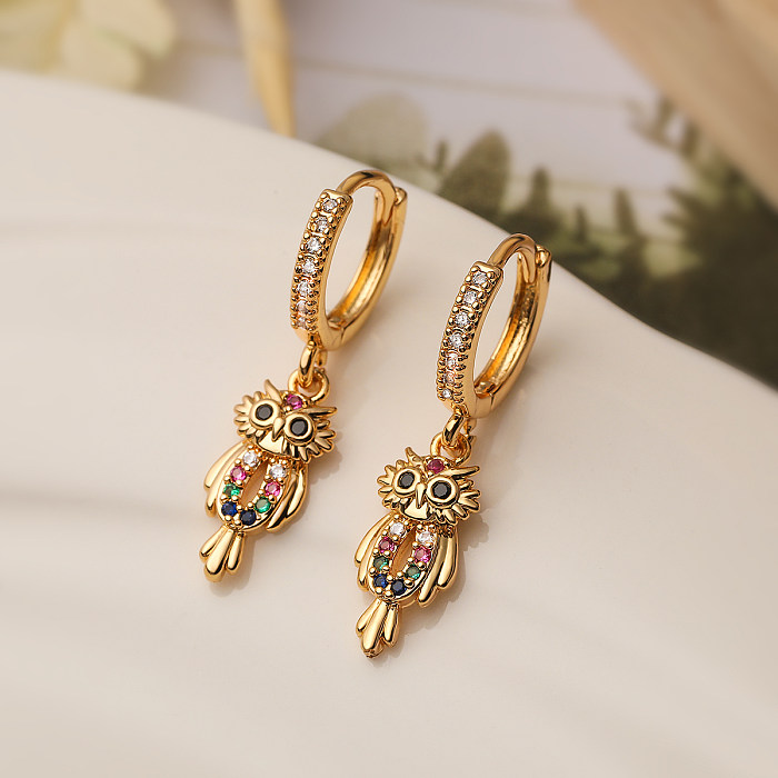 1 Pair Vintage Style Simple Style Owl Plating Inlay Copper Zircon 18K Gold Plated Drop Earrings