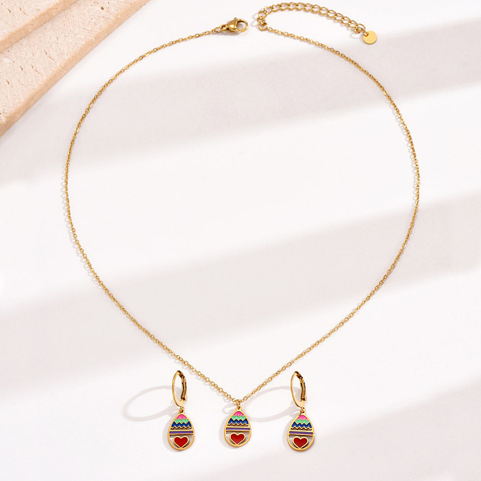 Classic Style Heart Shape Stainless Steel Enamel Plating 14K Gold Plated Earrings Necklace