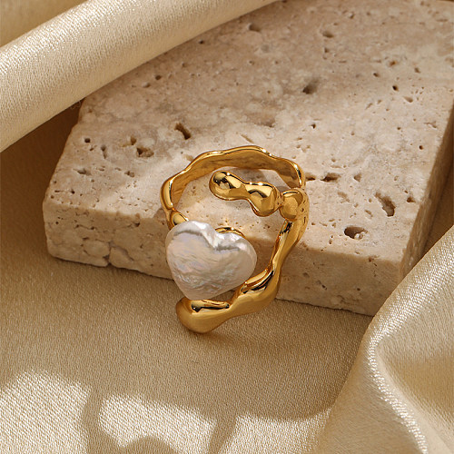 Moda estilo simples formato de coração chapeamento de cobre incrustado pérola 18K anéis abertos banhados a ouro