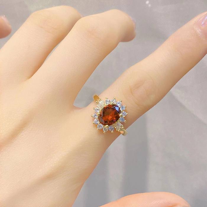Simple Style Geometric Copper Inlay Zircon Open Rings