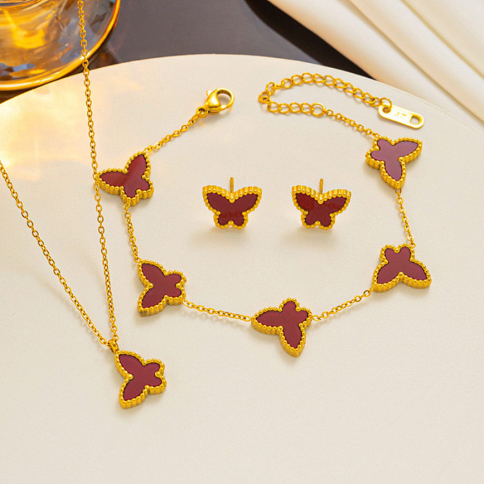 Einfaches Schmetterlings-Titanstahlüberzug-Inlay-Muschelarmband-Halsketten-Schmuckset
