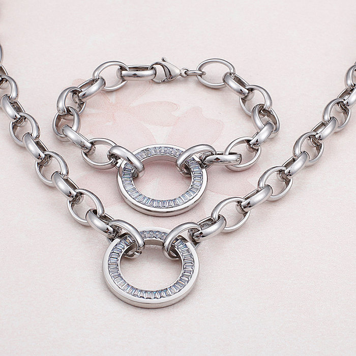 Round Inlaid Diamond Bracelet Necklaces Stainless Steel Set