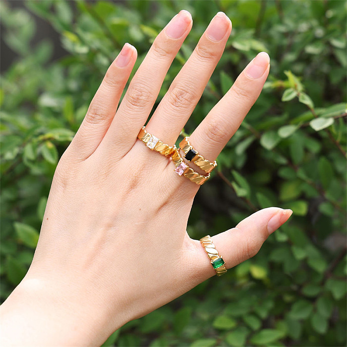 Glam Shiny Square Stripe Stainless Steel Plating Inlay Zircon 18K Gold Plated Open Rings