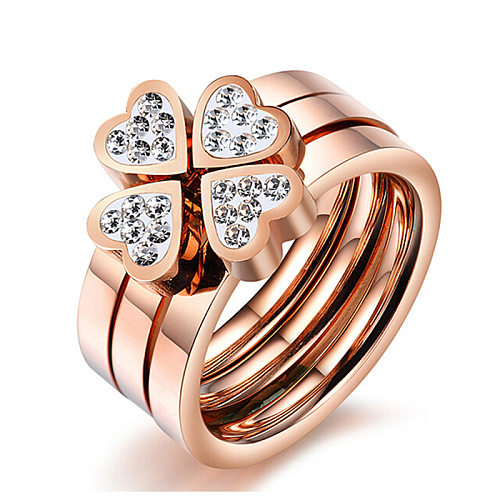 Moda estilo simples flor de trevo de quatro folhas em aço inoxidável strass metal pedras preciosas artificiais anéis