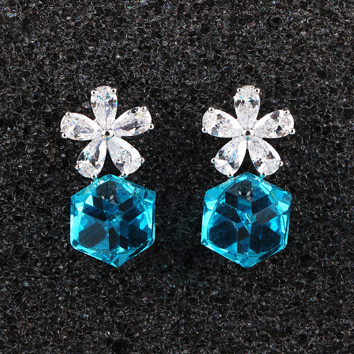 1 Paar lässige, glänzende sechseckige Blumenüberzug-Inlay-Kupfer-Kristall-Zirkon-Tropfenohrringe