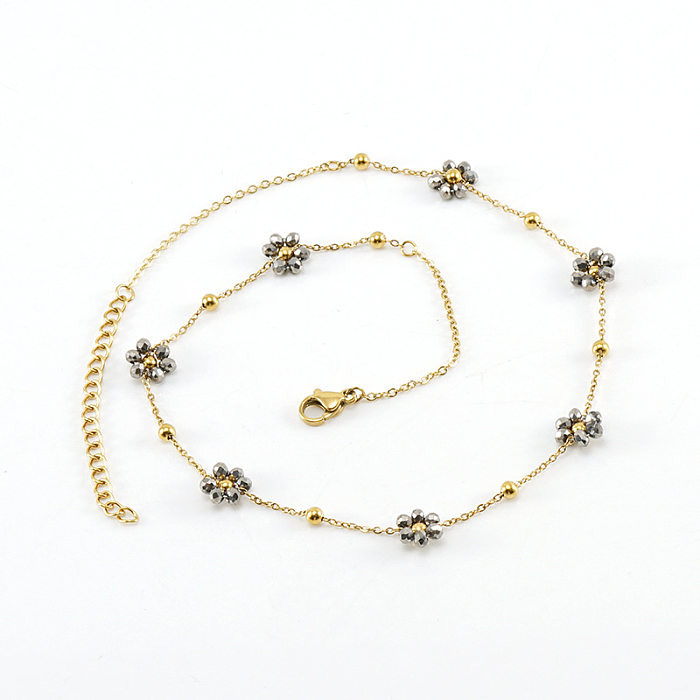 Fashion Flower Artificial Crystal Titanium Steel Beaded Plating Bracelets Necklace 1 Piece