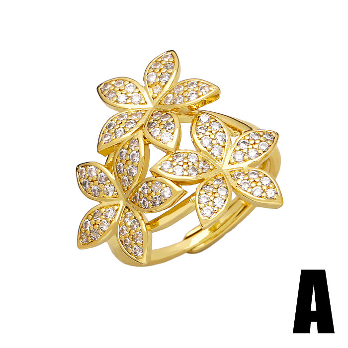French Style Shiny Flower Butterfly Copper Plating Inlay Zircon 18K Gold Plated Open Rings