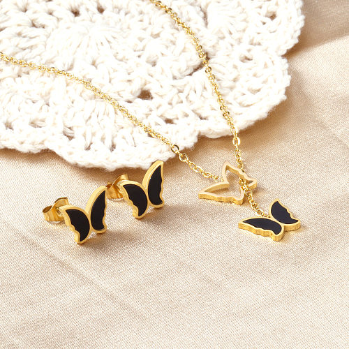 Schlichter Stil mit Schmetterlings-Ohrringen und Halskette aus Edelstahl