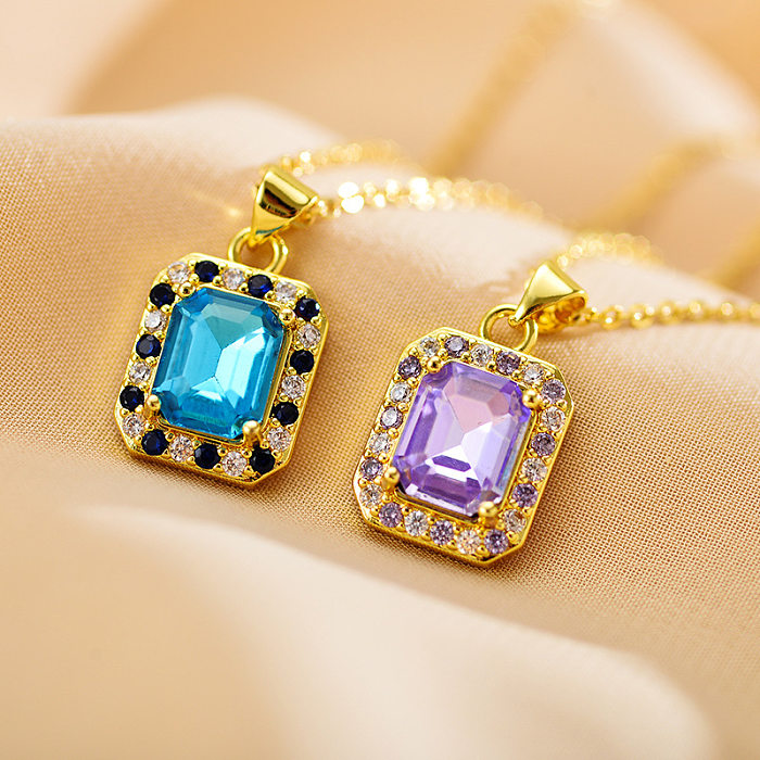 Glamouröse, quadratische, vergoldete Anhänger-Halskette mit Titanstahl und Kupfereinlage, künstlichem Kristall und Zirkon