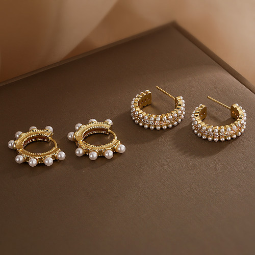 1 Paar schlichte Ohrringe mit geometrischer Beschichtung, Kupfer, künstliche Perlen, Zirkon, 18 Karat vergoldet