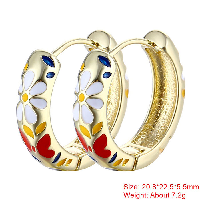 1 Pair Sweet Flower Enamel Plating Copper 18K Gold Plated Hoop Earrings